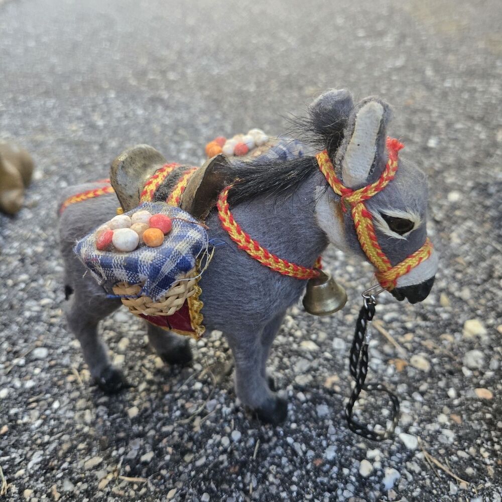 Vintage Handmade Donkey/Pack Mule Small Soft Furry Figurine 1950’s Souvenir Bell
